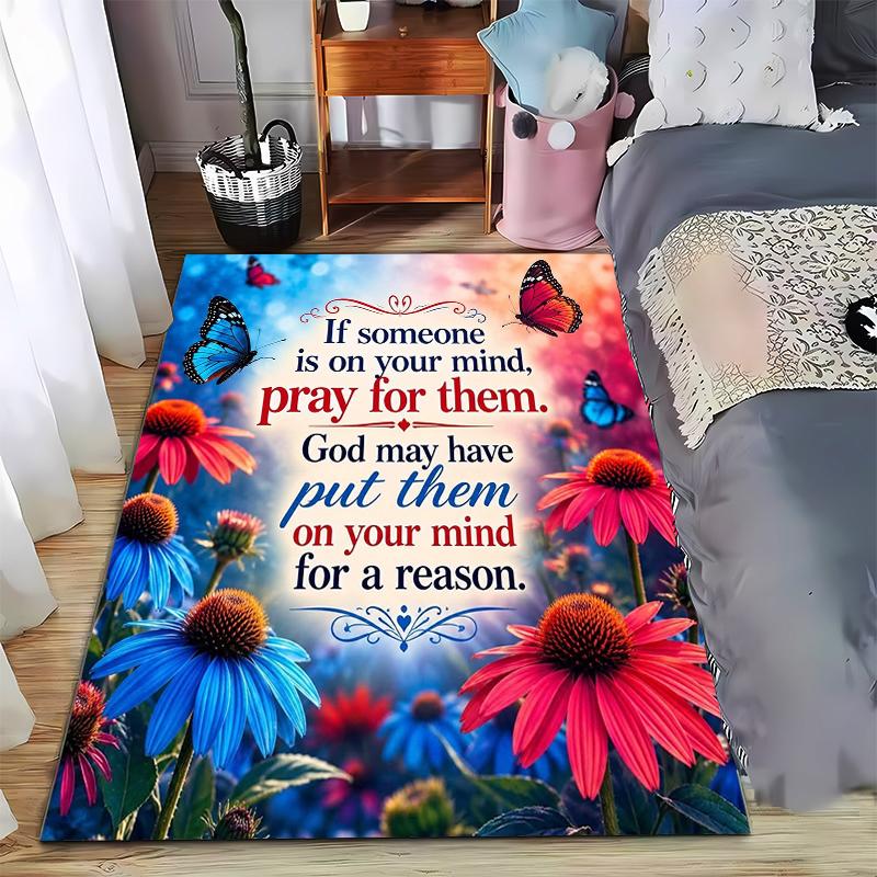 Christian Prayer Quote Floral Carpet Non-slip Rug Suitable for Living Room and Bedroom Sofas