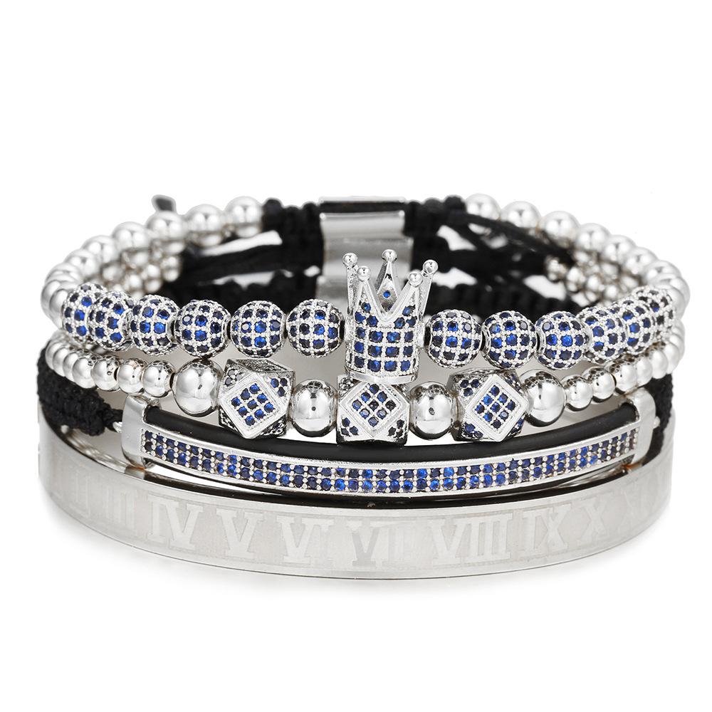 European and American Men's Micro-inlaid Zircon Diamond Ball Crown Stacked Diamond Bracelet Set Stainless Steel Roman Bracelet Four-piece Set