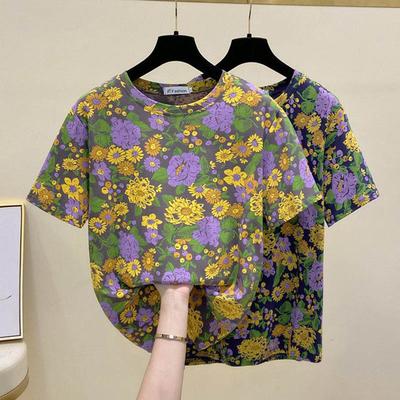 חולצות נשים כותנה קיץ בגודל גדול חולצת טריקו עגול צווארון משוחרר מודפס חולצת טריקו מזדמנים חולצת טריקו