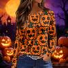 Women's Halloween Print Long Sleeve Round Neck Top with Hem Slits for Casual Fall Outings
