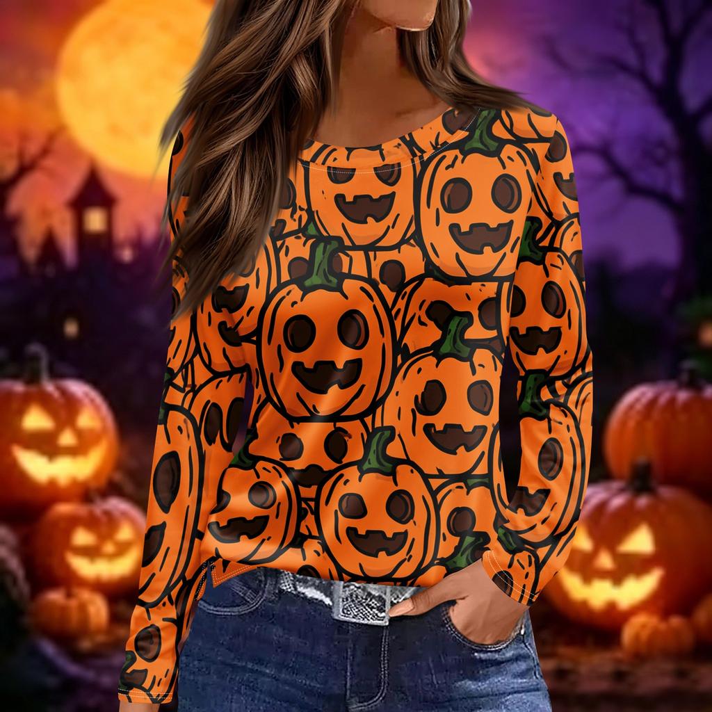 Women's Halloween Print Long Sleeve Round Neck Top with Hem Slits for Casual Fall Outings