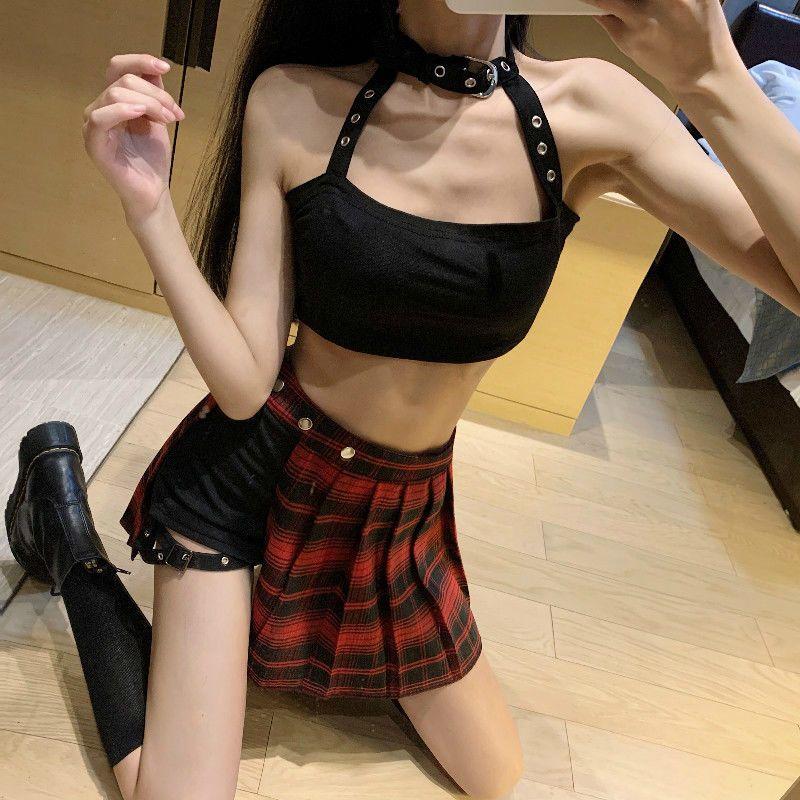 Saia gótica plissada punk mini saia estilo preto perna gravata meia saia saia irregular calças