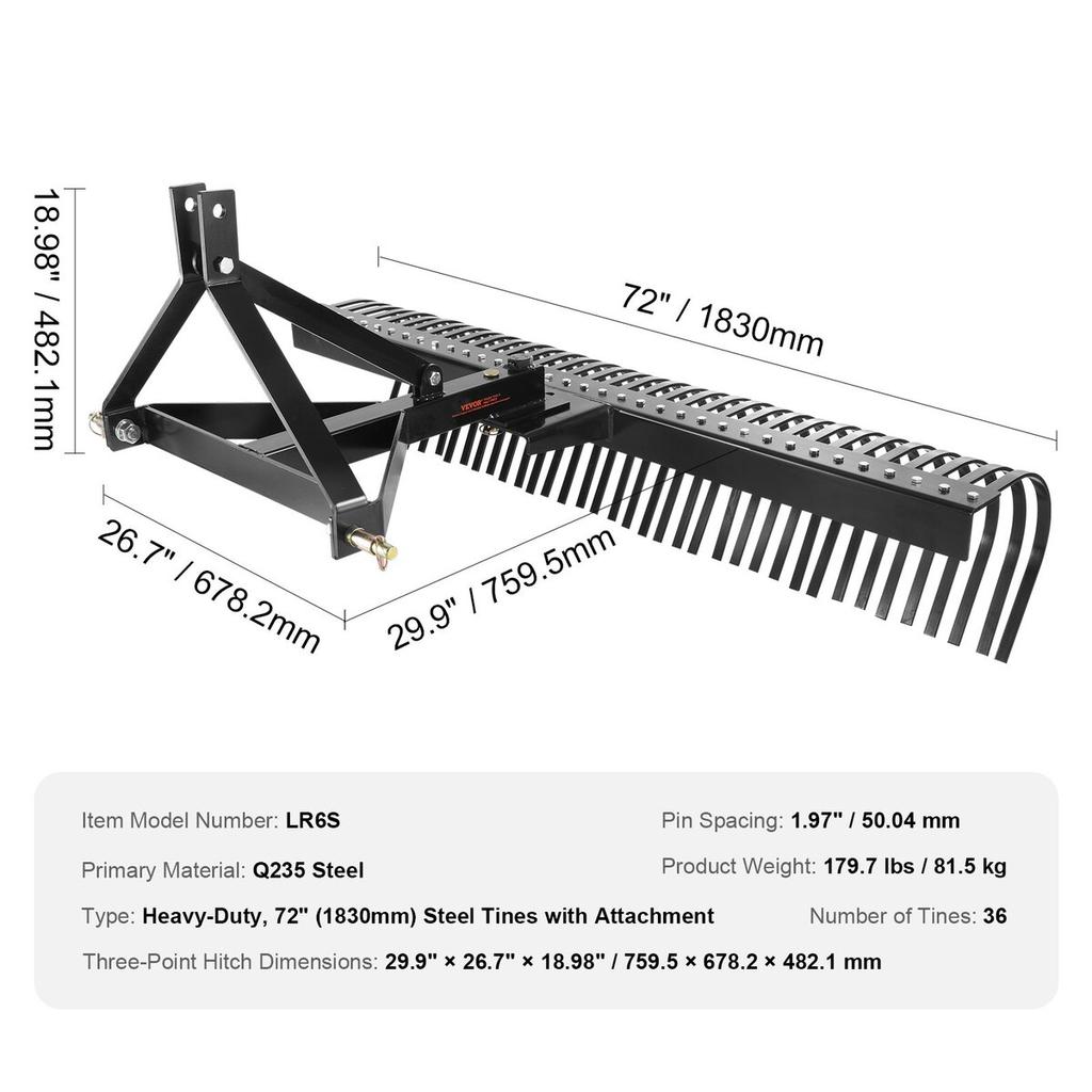 Tow Behind Dethatcher 72" 3-Point Lawn Dethatcher Rake with Attachments
