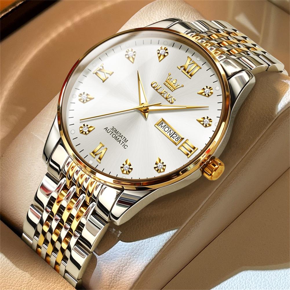 OLEVS Blue Dial Automatic Mens Watches Luxury Business Mechanical Watch Luminous Date Stainless Steel Waterproof Clock Montre