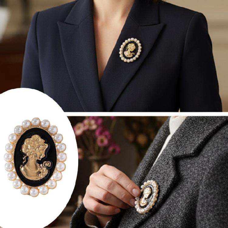Sophisticated Vintage Cameo Brooch Beauty's Head Pearls Accented Alloy Corsage Pin Jewelry for Dress Clothing