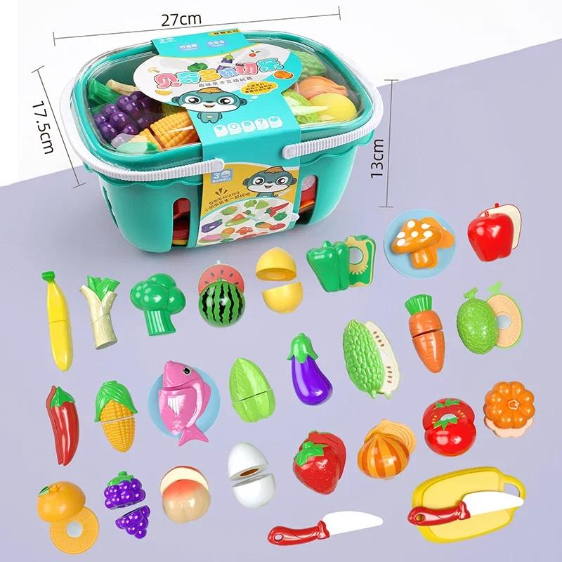 Kitchen Play House Toy Set Simulation Basket Fruit Vegetable Food Cutting Game Educational Kids Montessori Learning Girls Toy