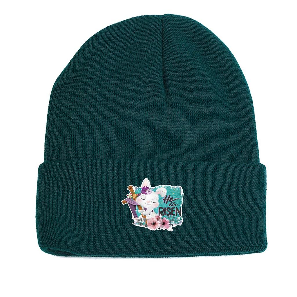HE IS RISEN" Rabbit Print Knitted Cap Beanie, Easter Skull Cap Cancer Chemo Winter Sporting Headwear Knit Hat Beanie