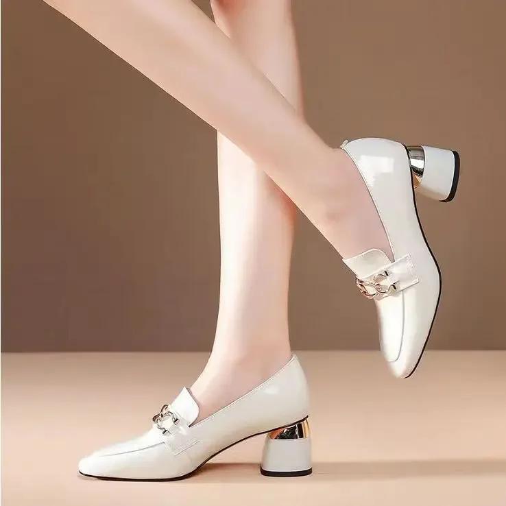 Square Heel Metal Chain Pumps Loafer Women Shoes Fashion Slip On Slipper Luxury Design Casual Mary Janes Shoes Spring Summer