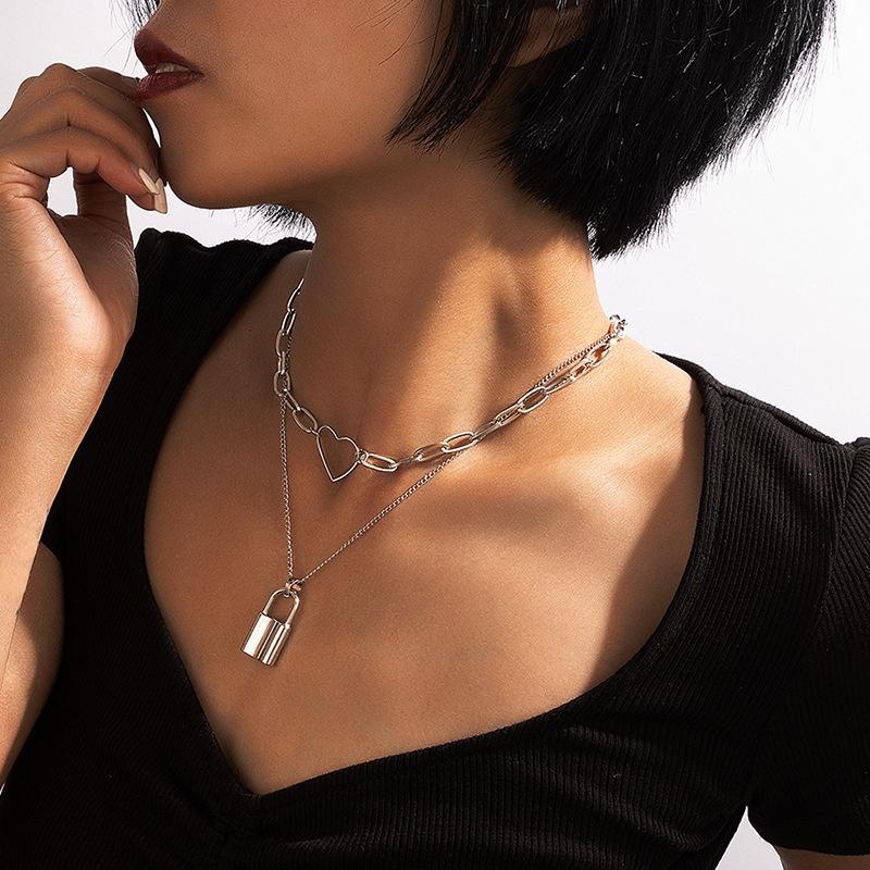 Hollow Heart Multilayer Geometry Thick Sweater Chain Fashion Jewelry Gift Chain Heart Trendy Lock Pendant Necklace for Women
