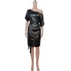 New Fashion Faux Leather Dress - Elastic Diagonal Neck & Batwing Short Sleeve