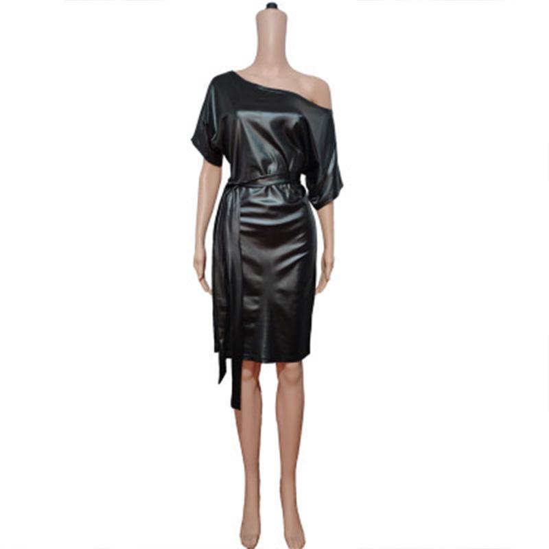 New Fashion Faux Leather Dress - Elastic Diagonal Neck & Batwing Short Sleeve