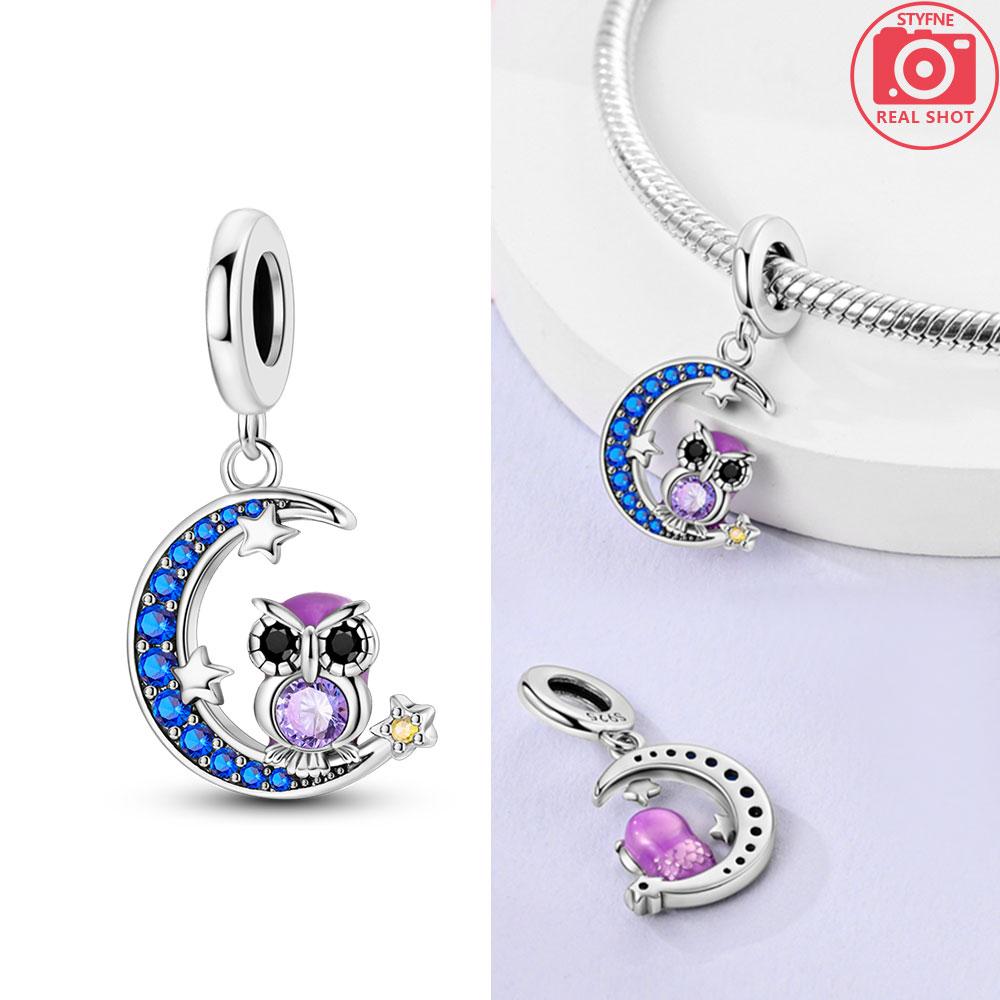 Charms 925 Silver Blue Zircon Moon Moon Luminous Star Beads Pendant Fit Bracelet Woman DIY Jewelry Fine Gifts Making