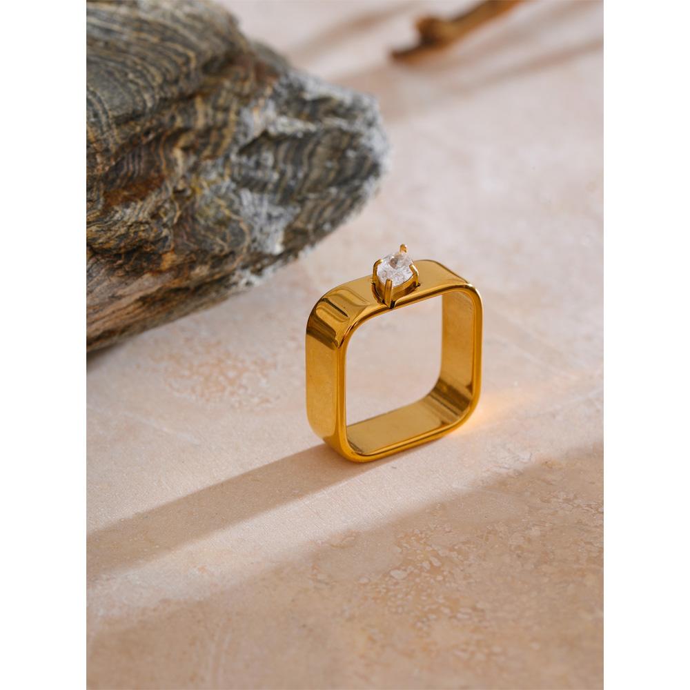 Eetit Size:678 Smooth Stainless Steel Zirconia Round Square Golden PVD Ring for Women Delicate Trendy Finger Jewelry Accessories