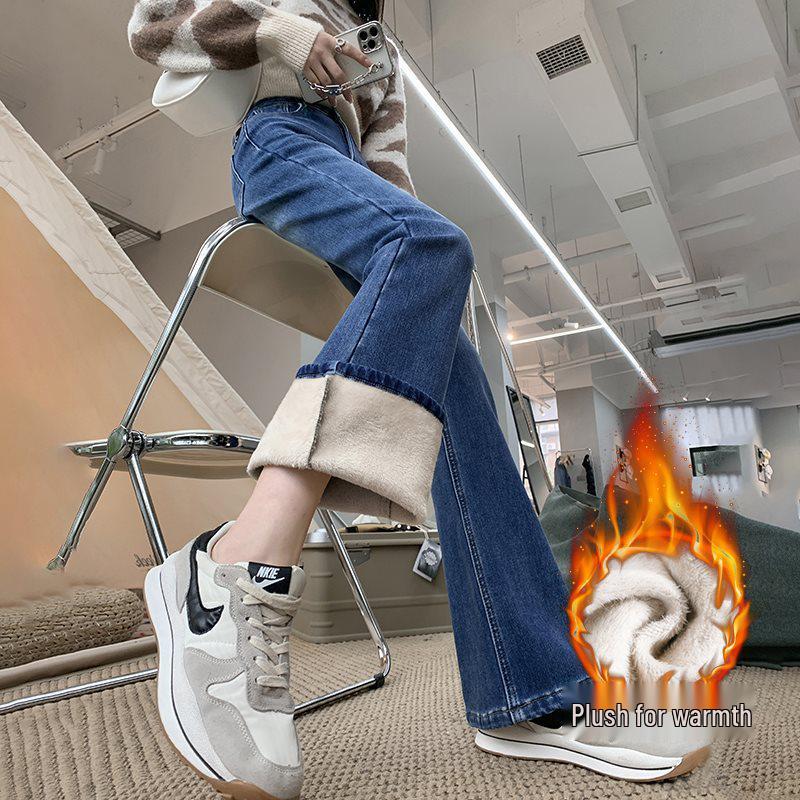 Hong Kong Style Velvet Flare Jeans - Women's Winter 2025 Retro Slim Fit Bell Bottoms