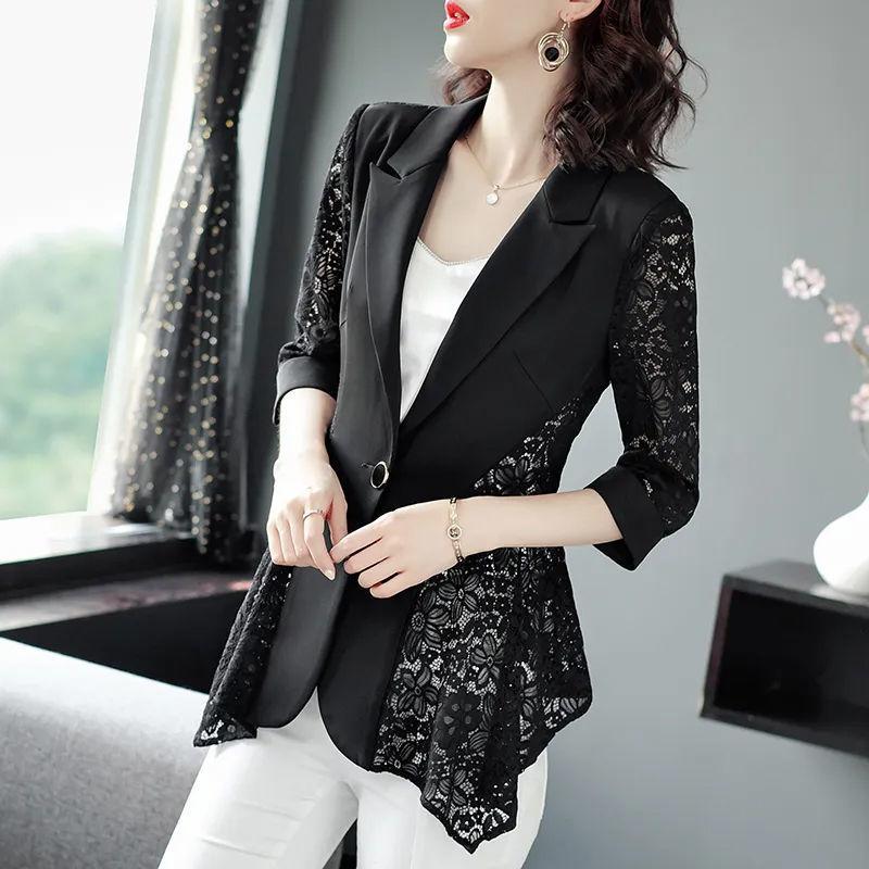 Motedesign Svart og Hvitt Blonder Patchwork Temperament Elegant Ensfarget Dame Topp Vår Sommer Blazere Topper