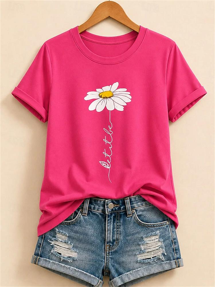New Women Casual and Fashionable Short-Sleeve T-Shirt Simple Floral Print Round Neck Comfortable and Breathable Short-Sleeve Top