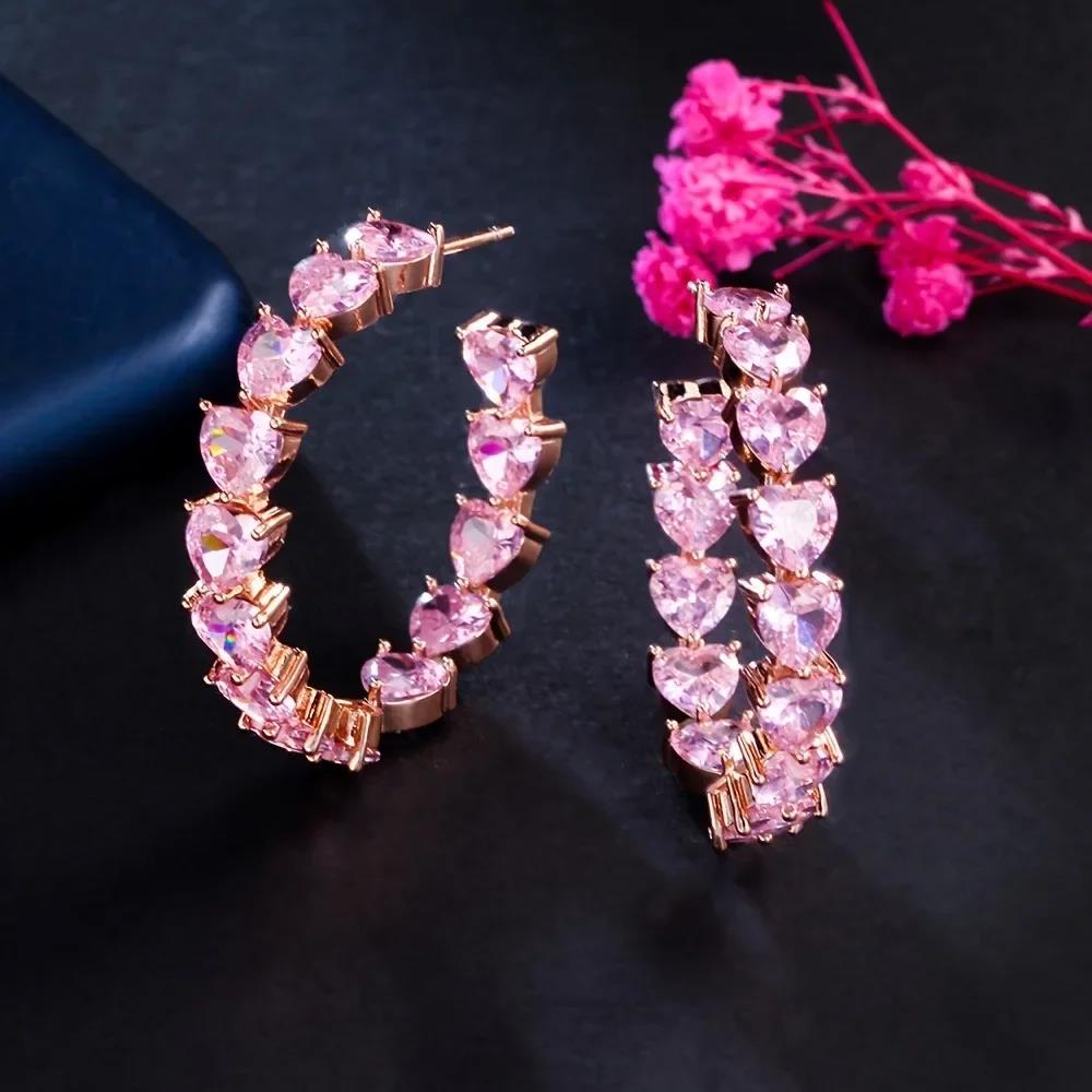 Valentine's Day Gift 1 Pair Sparkling Cubic Zirconia Heart Shape C-Shape Hoop Earrings Stylish Gift For Women And Girls