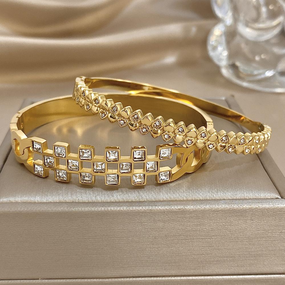 New Stainless Steel Waterproof Cuff Bracelet Bangle for Women Exquisite Shiny Inlaid Zircon Geometric Stacked Jewelry Gifts