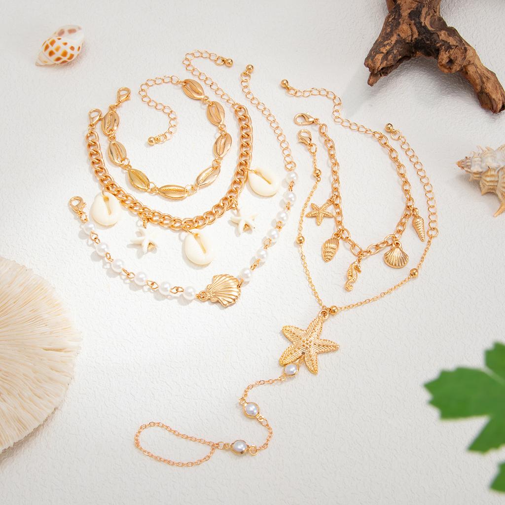 Holiday Style Starfish Shell Pendant, Finger Bracelet, Ocean Ins, Imitation Pearl Chain, Back Chain, Female