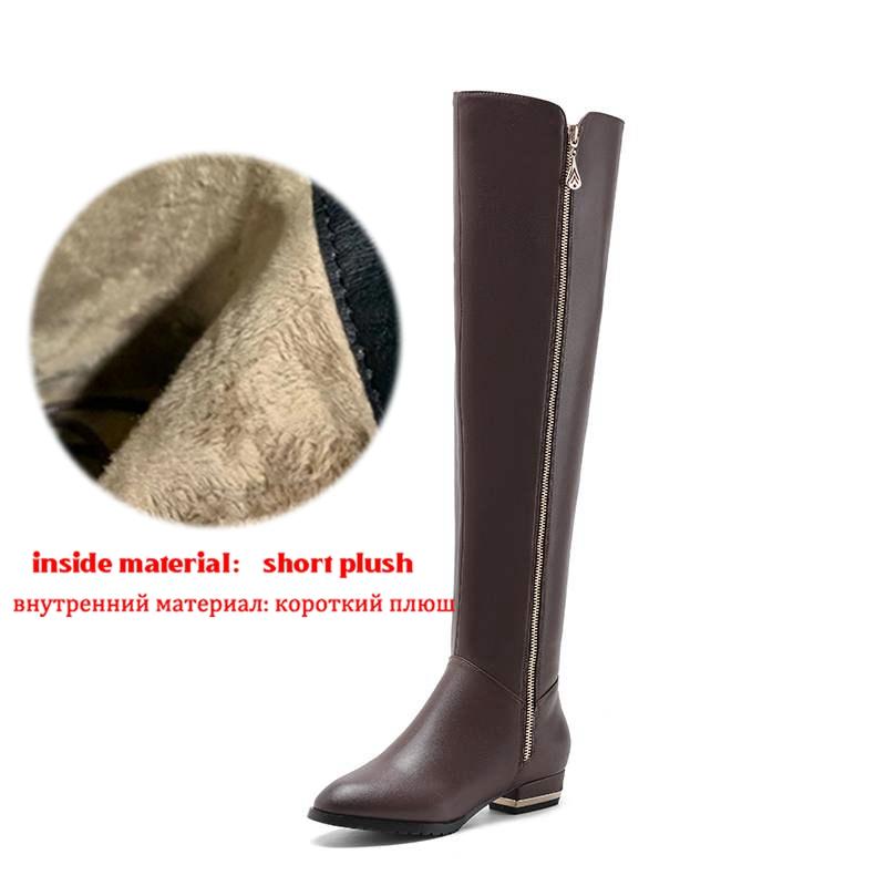 Krazing Pot Cow Skin Autumn Winter Shoes Low Heels Brand Shoes Big Size 45 Size 44 Size 46 Women Zipper Keep Warm Knee Boots
