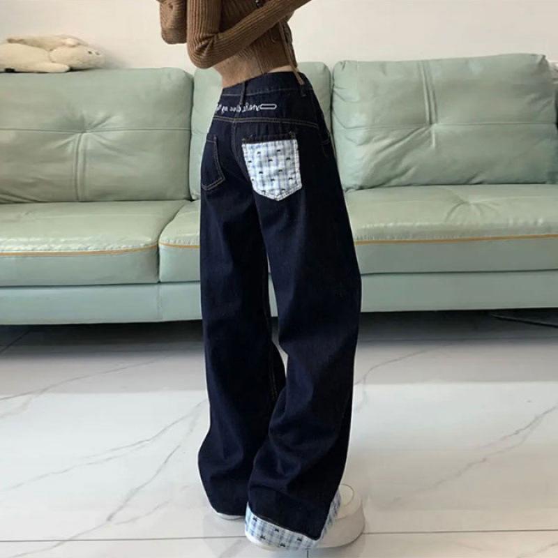 Plus Size High Waist Embroidered Butterfly Patchwork Wide Leg Jeans for Women 3XL темно-синий