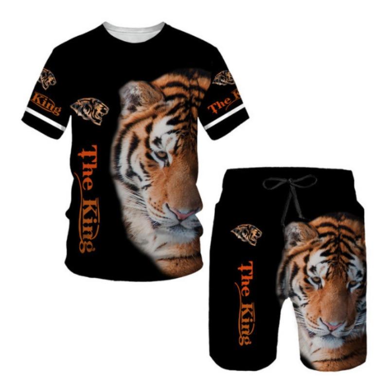 

Летние мужские комплекты, шорты, наряды, футболка с коротким рукавом и принтом тигра 3D, повседневный спортивный костюм из двух частей, свободный размер, пляжная спортивная одежда 6XL