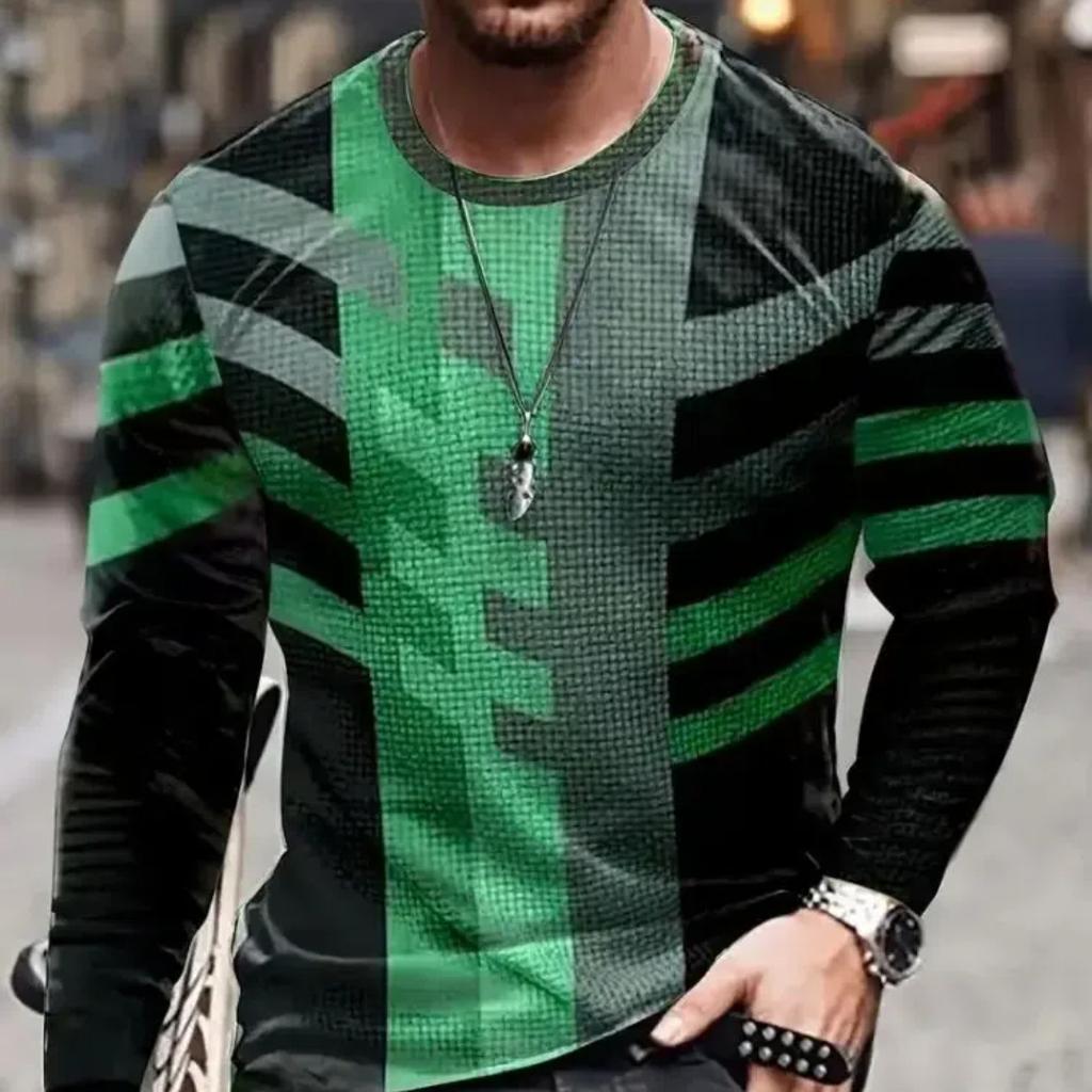2024 Vintage Men's T-Shirt Color Block Long Sleeve 3D Clothing Print Harajuku Oversized Tops Men's Outdoor Jogging T-Shirt Tops