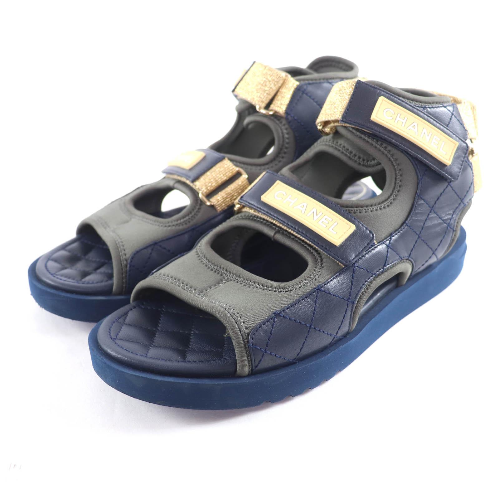

Great CHANEL Sandals COCO Mark Matelassé Velcro Fabric Leather khaki 39 G37231 Used