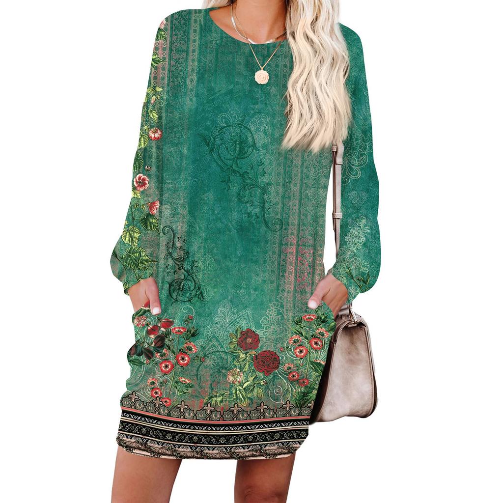 Damen Retro Bedrucktes Modisches Langarm Rundhals Taschenkleid