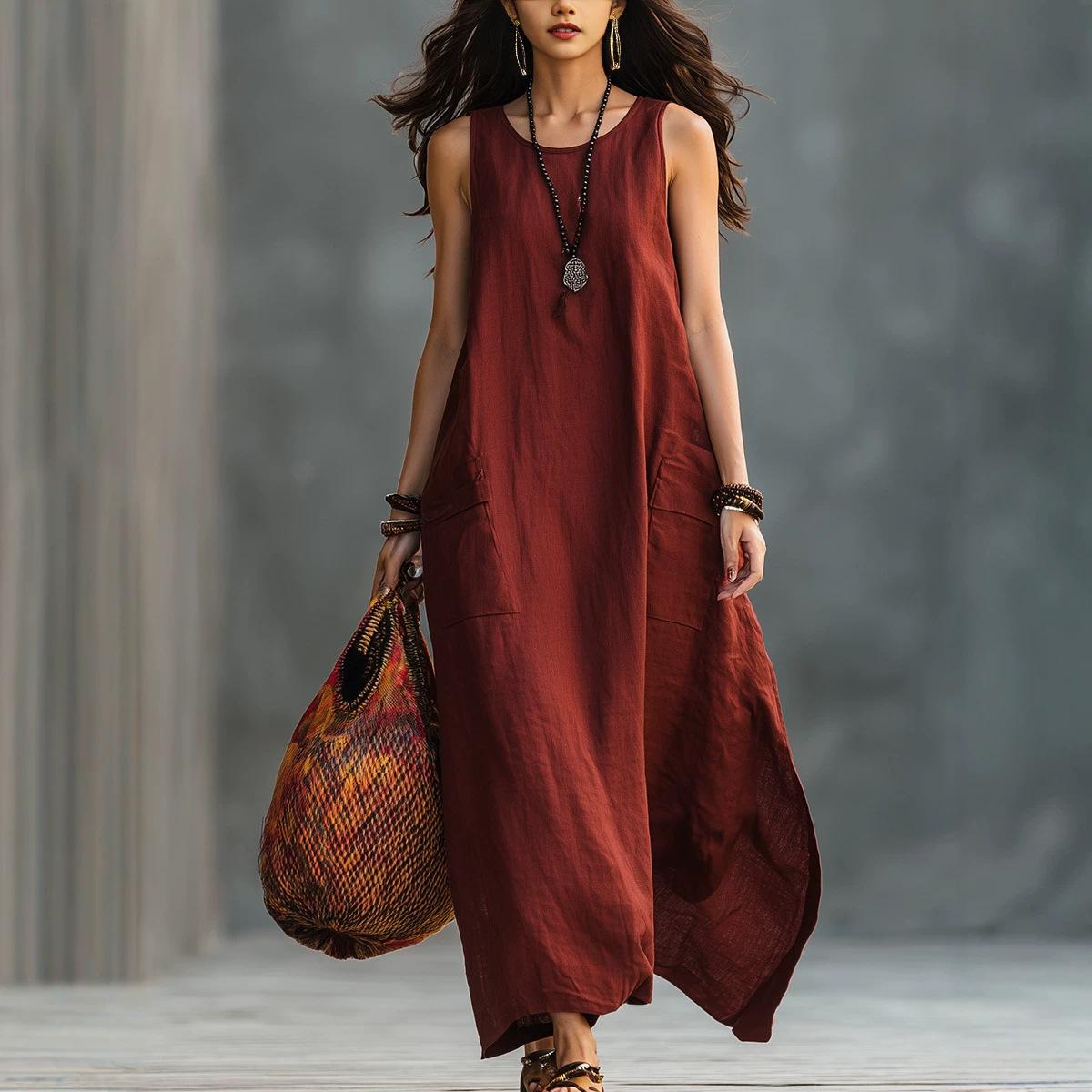 2026 spring and summer loose solid color dress women s Amazon Europe and America independent station women s clothing new retro sleeveless model S бордовый