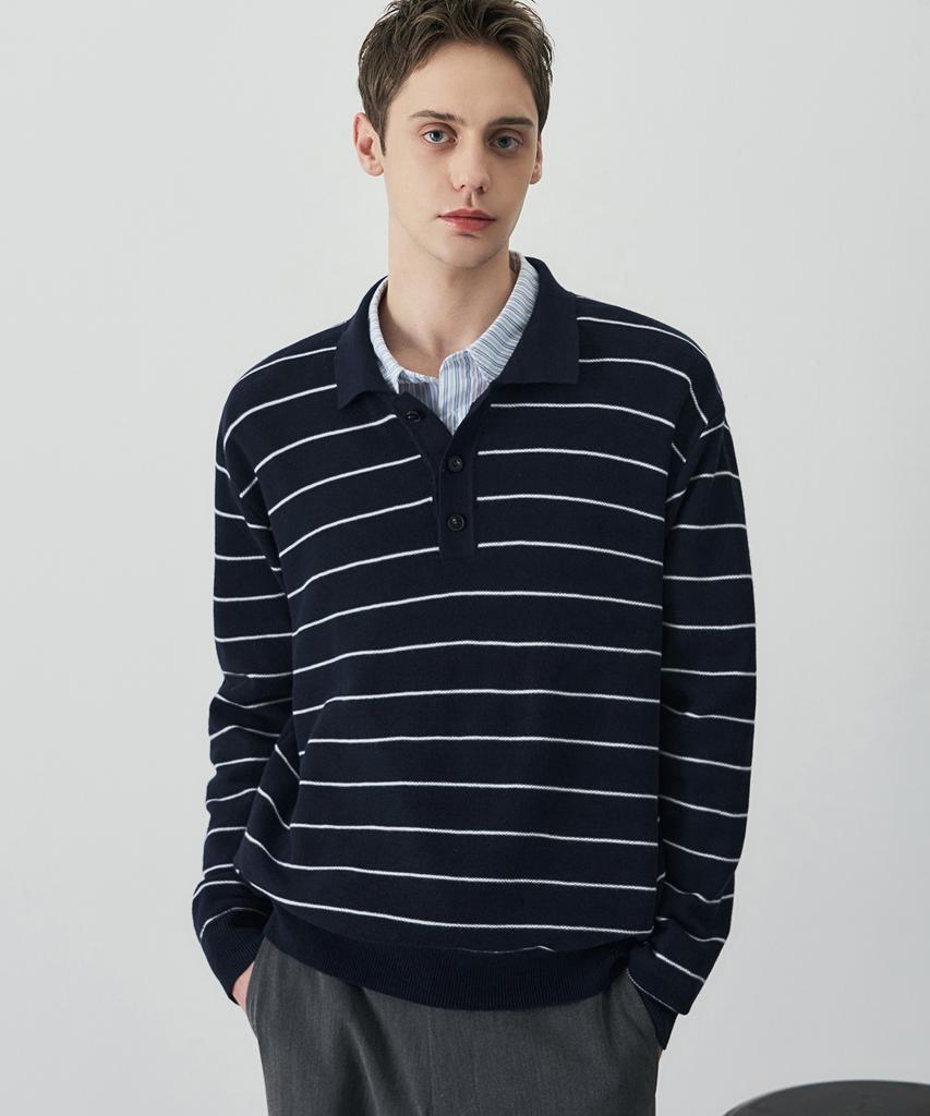 DRAW FIT Wool Supple Stripe Collar Knit [Navy]