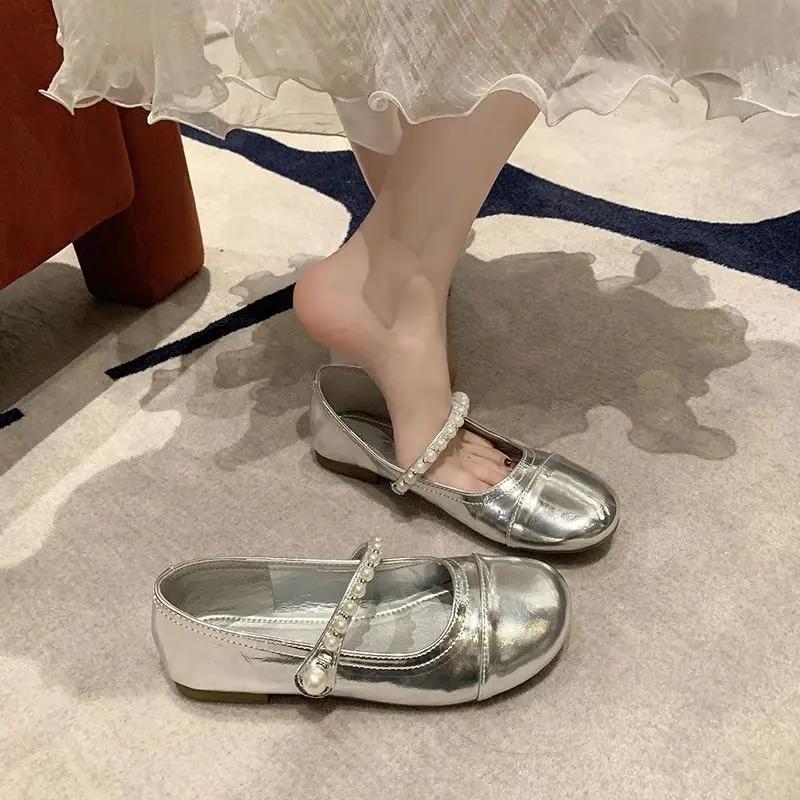 Fashion Pearl Round Toe Ladies Footwear Cheap Liquidation Casual Chic Point Stylish Beau Today 2025 Summer 39 Women's Flat Shoes On Sale