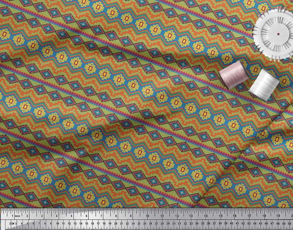 Soimoi Material Satin Crep Albastru Japonia Material cu Imprimeu Geometric Aztec la metru 42 Inch