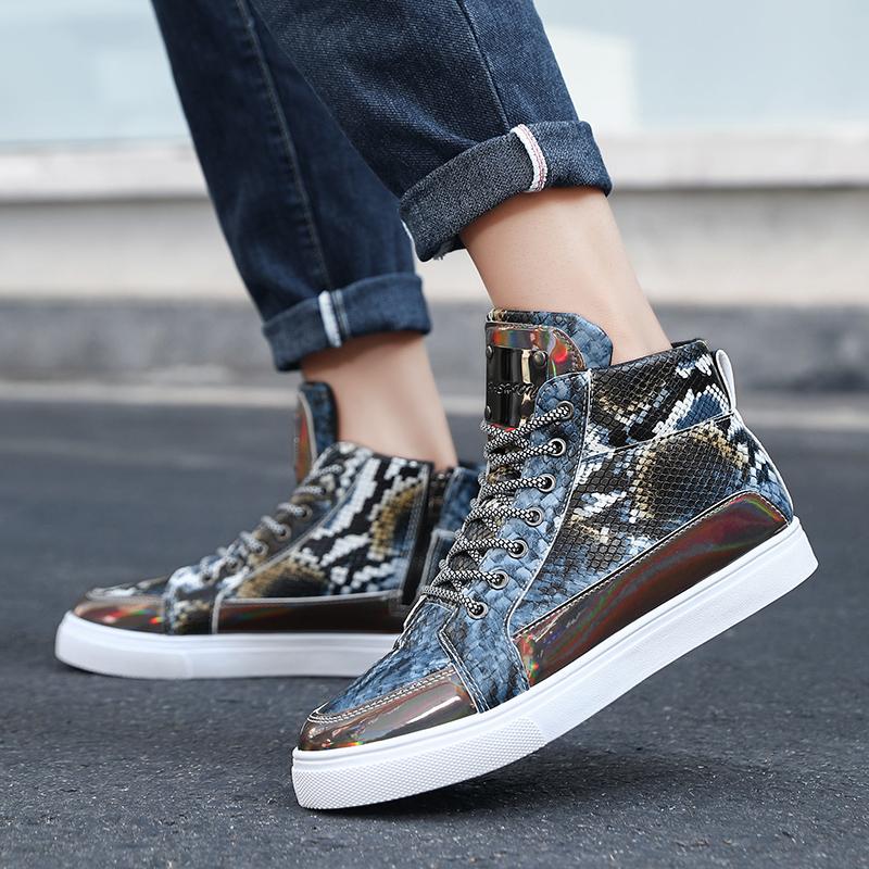 Fashion New Design Fashion Snake Printed Original Men's Sneakers Comfortable Leather High-top Shoes Men Lace-up Flat Shoes Casual Men