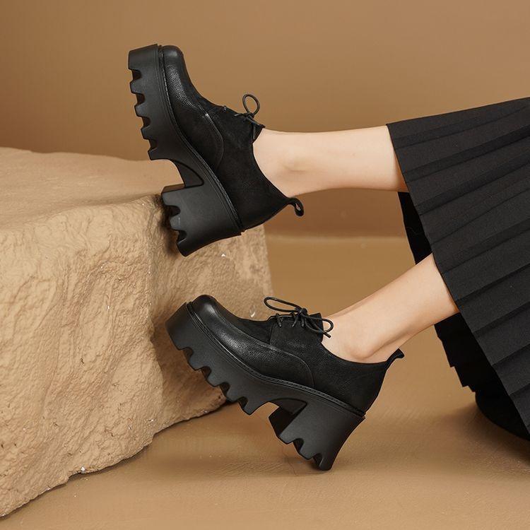 Retro platform single shoes women's leather 2025 new lace-up thick heel muffin shoes spring British style square head high heels