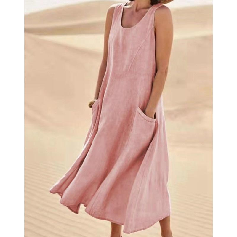Summer European Style Sleeveless Round Neck Women Clothing Cotton Maxi Dress