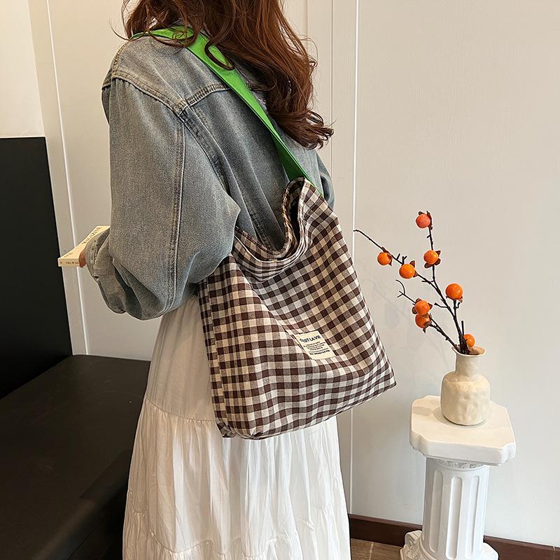Women Contrast Color Lattice Magnetic Buckle Bucket Bag Leisure Canvas Cloth Shoulder Bags Tote Handbag