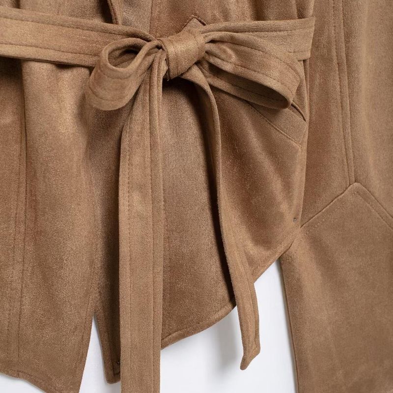 Kaslead New Arrival Women's Clothing Fashion Style Fashion Minimalist Waist Trimming Lace Up Suede Fabric Jacket Outwear