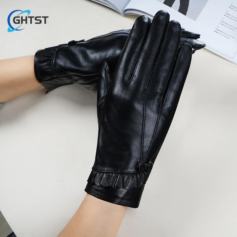 Mode Läderhandskar för kvinnor Höst och vinter plus fleece Förtjockade Varma kör- och åkhandskar pekskärm