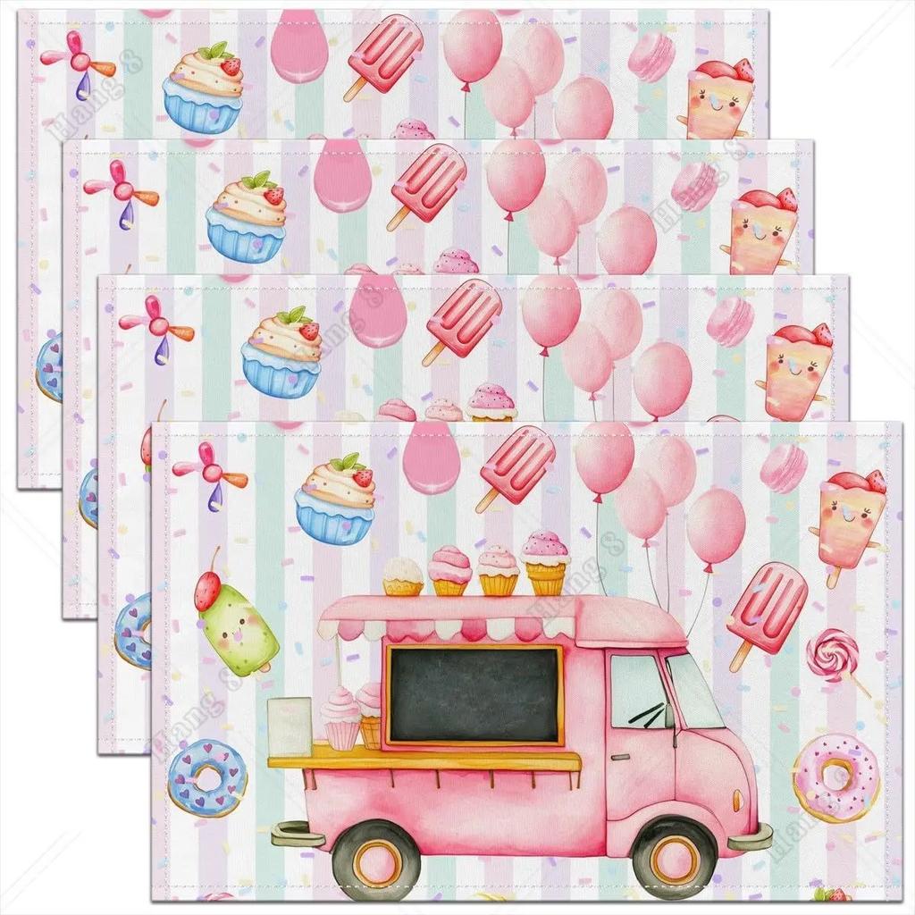 4PC Ice Cream Truck Placemat ,Sweet Doughnut Outdoor Indoor Place Mats,Stripe Washable Durable Table Mats 30X45cm