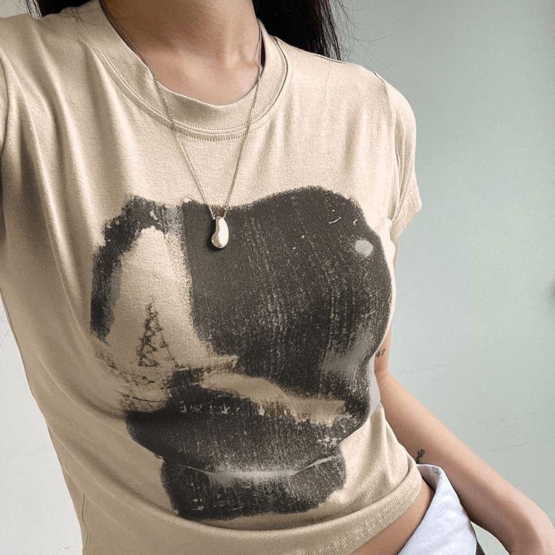Vintage Chic Print y2k Crop Top Crewneck Slim Short Sleeve T-shirt Summer Harajuku  Streetwear y2k Retro Tees Shirt Women