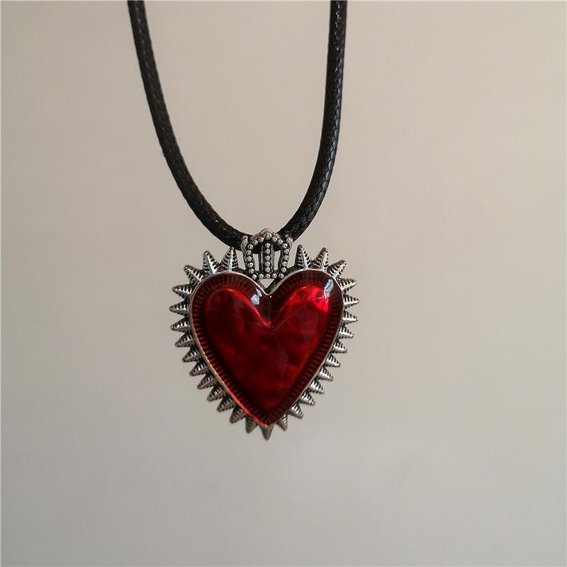 Stainless Steel Metal Vortex Sun Cross Red Heart Pendant Thick Long Leather Rope Necklace Men Women Punk Goth Charm Accessories