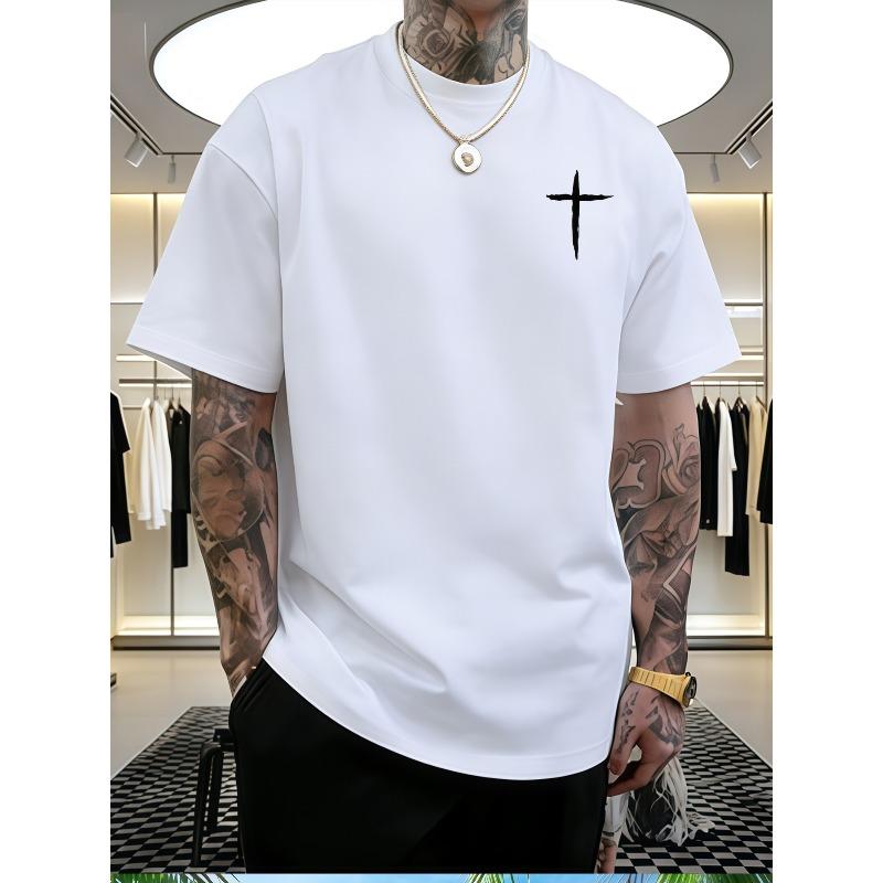 European sizes Cross Symbol Print Short Sleeve Loose Fit Skin-Friendly Breathable Faith-Themed Top