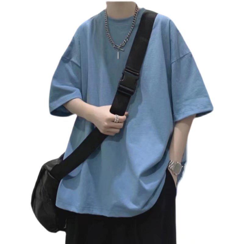 Camiseta de Manga Corta para Hombre de Moda de Color Sólido Estilo Hong Kong Holgada de Verano