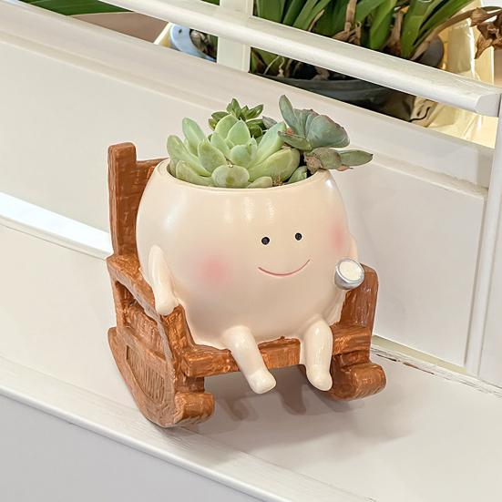 Rocking Chair Smily Face Planter Outdoor Unique Sit Rocking Chair Flower Pots Funny Planter Pot with Drainage Holes for Indoor Outdoor Plants