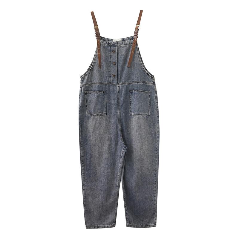 Salopette da donna primaverile e autunnale larga a gamba dritta sottile in denim lavato a nove punti