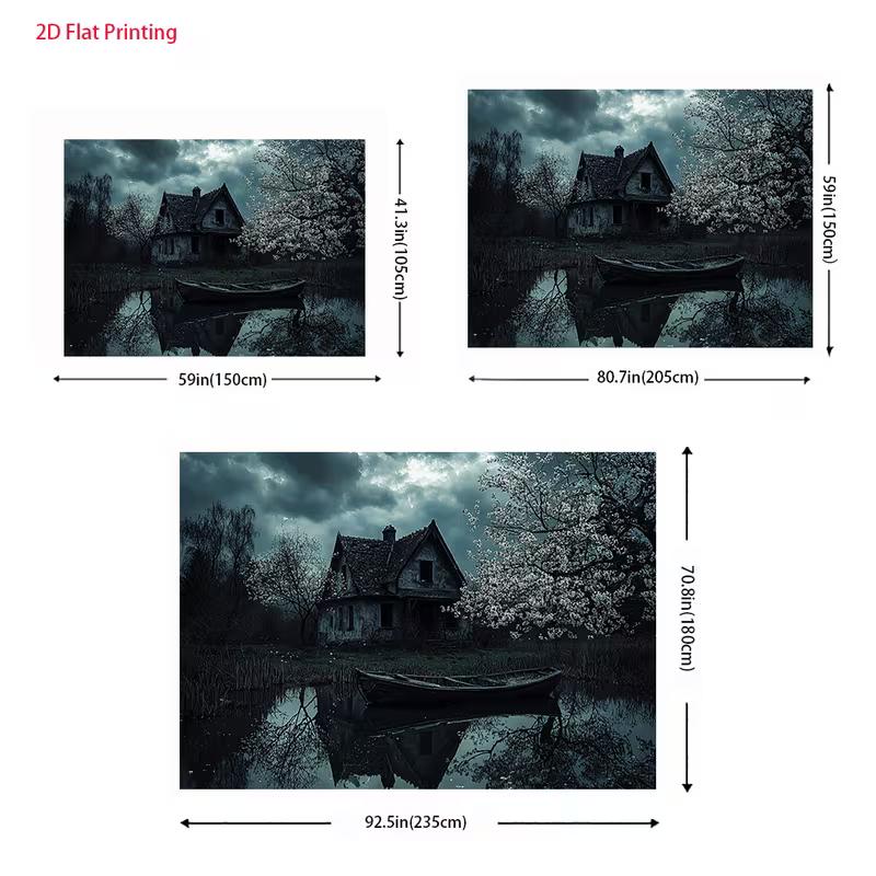 2D Spooky Old Cottage with Boat Photo Booth Backdrop Cloth for Horror Theme