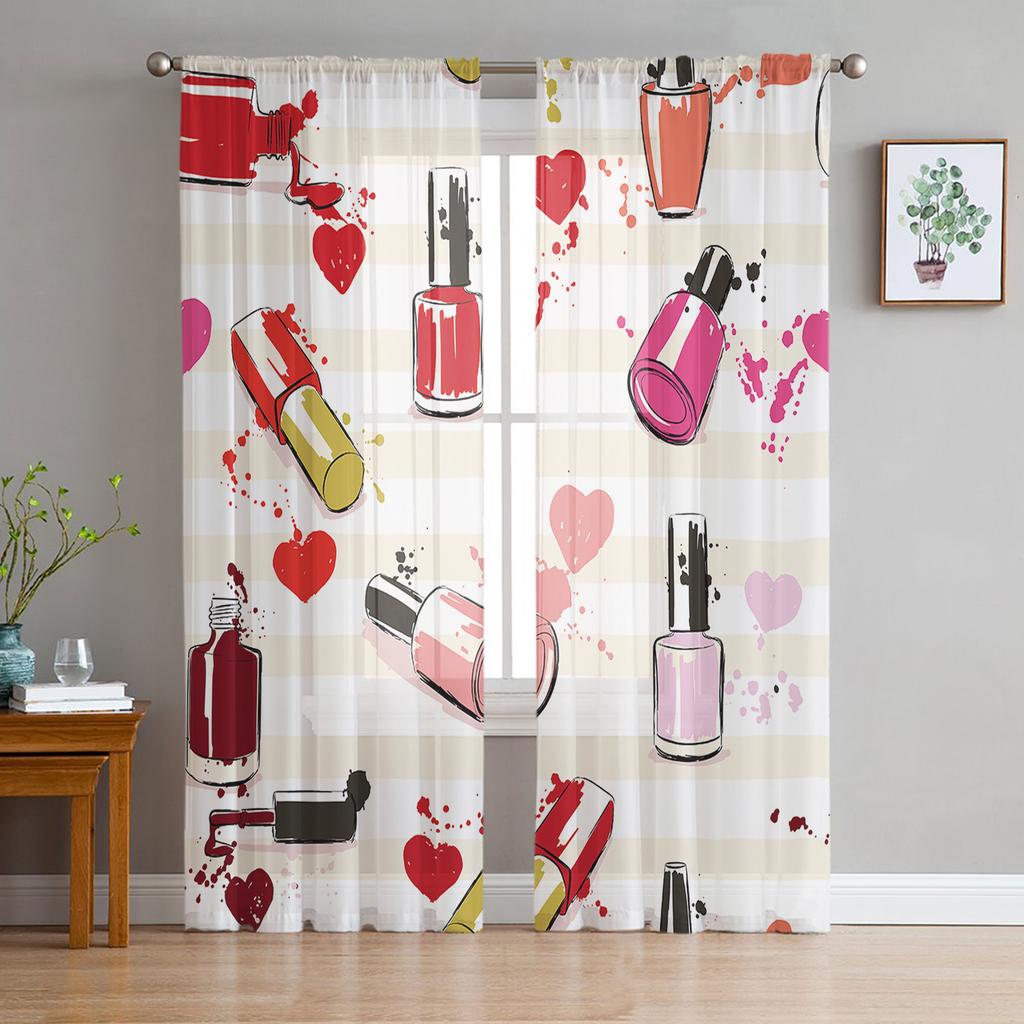 Woman Cosmetics Nail Polish Tulle Curtains for Living Room Decoration Modern Chiffon Sheer Voile Kitchen Bedroom Window Curtain