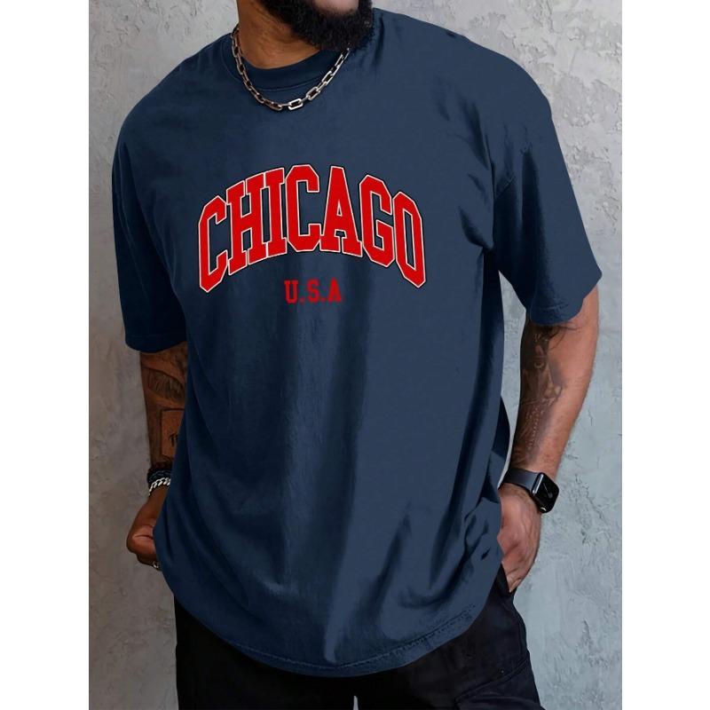 Men's Summer CHICAGO Letter Printed Casual Cotton T-Shirt Fashion Round Neck Short Sleeve Loose Large Couple Street T-shirt