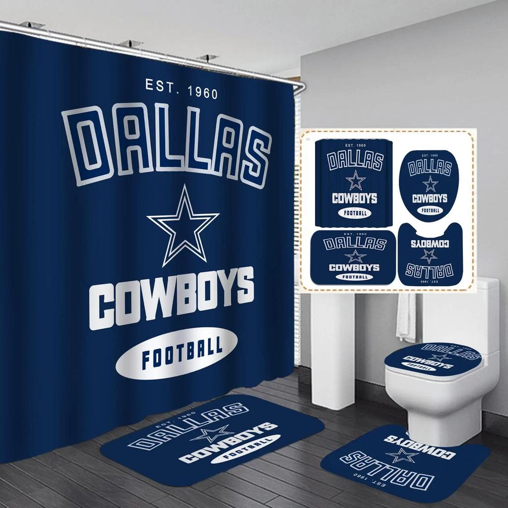 White Navy Blue American Football Shower Curtain Set,Modern Texas Star Rugby Athlete Helmet Sports Bathroom Set Non-Slip Mat Rug